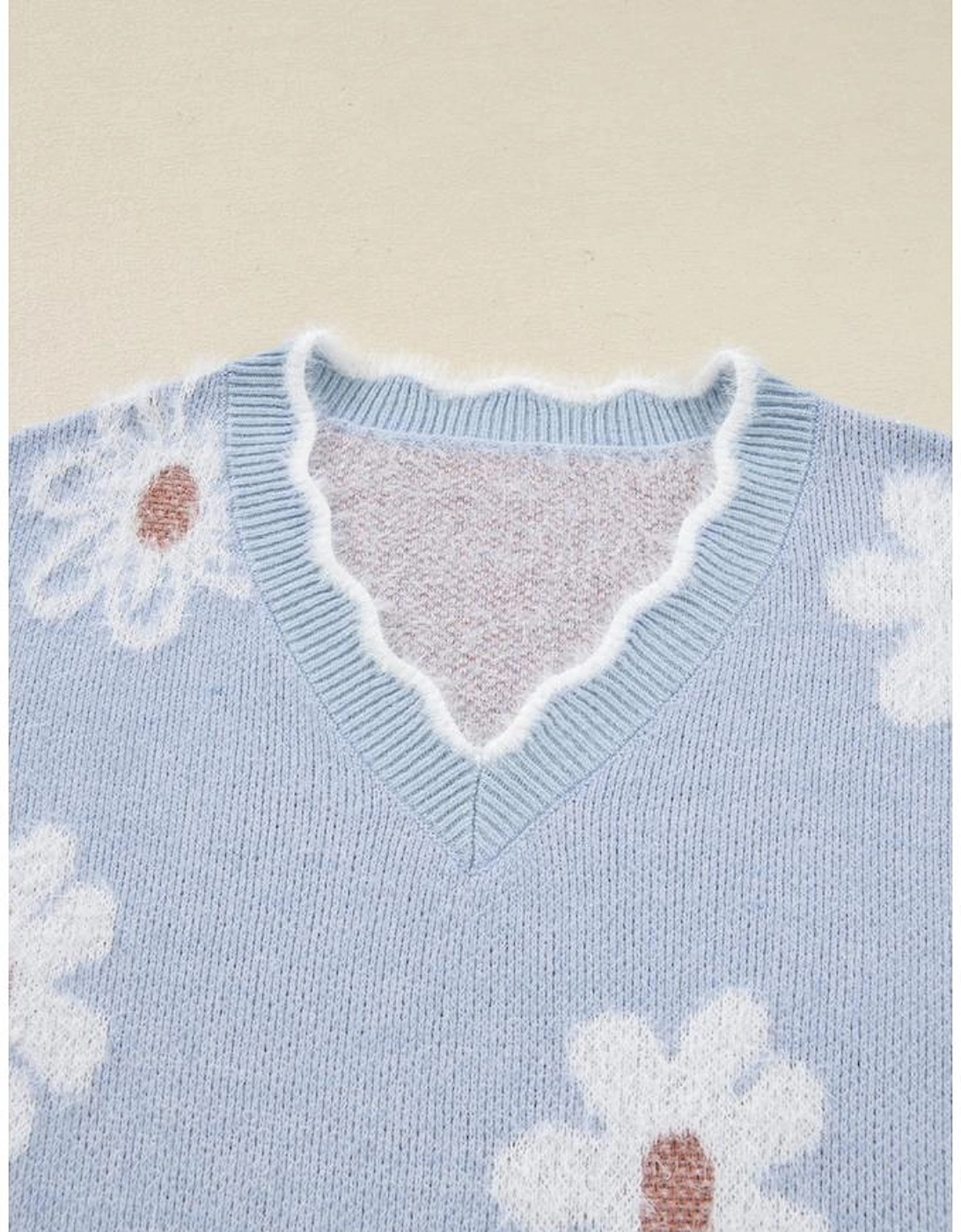 Gray Fuzzy Flower Scalloped V Neck Plus Sweater