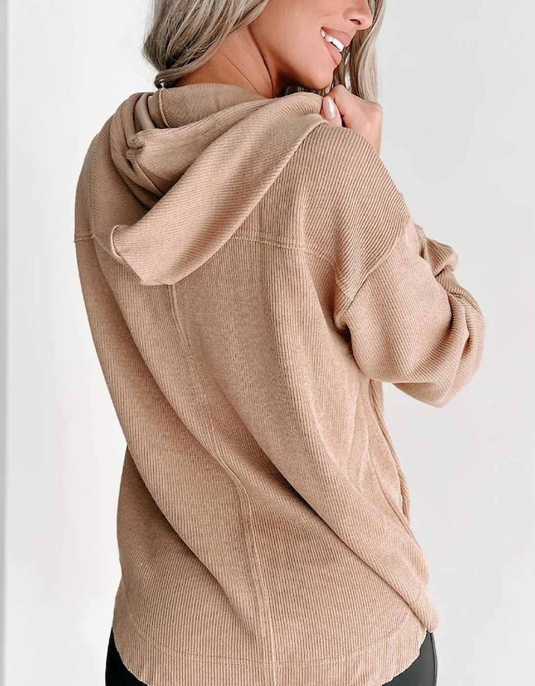 Khaki Buttoned V Neck Drawstring Knit Hoodie