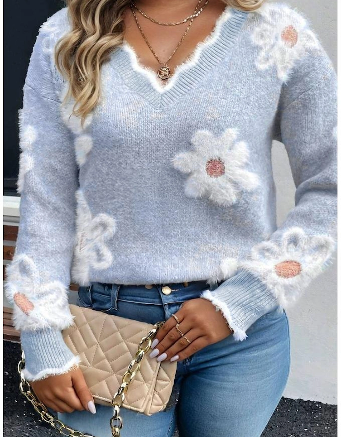 Gray Fuzzy Flower Scalloped V Neck Plus Sweater