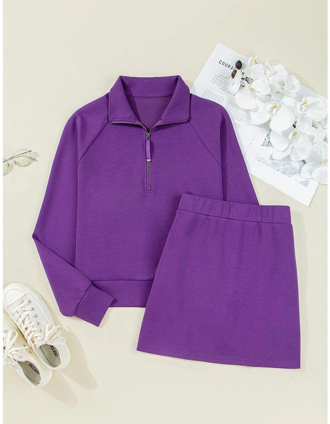 Wisteria Half Zip Sporty Pullover Mini Skirt 2pcs Outfit