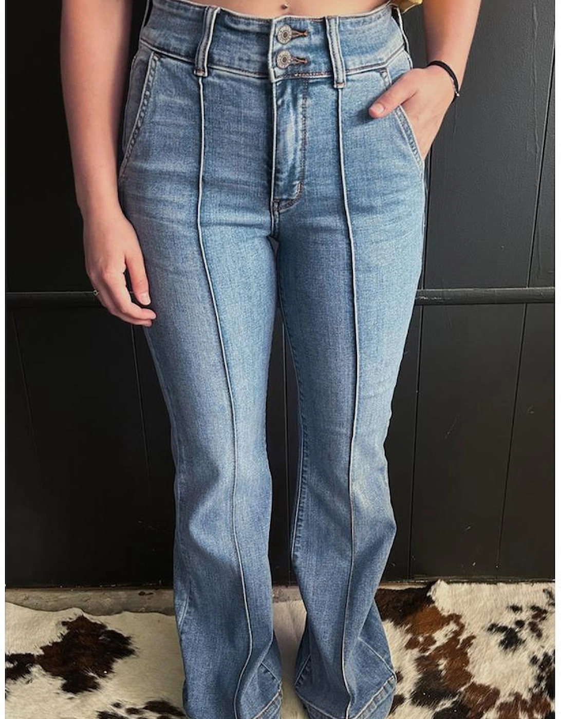 Dusk Blue 2 Button High Waist Piping Trim Bootcut Jeans