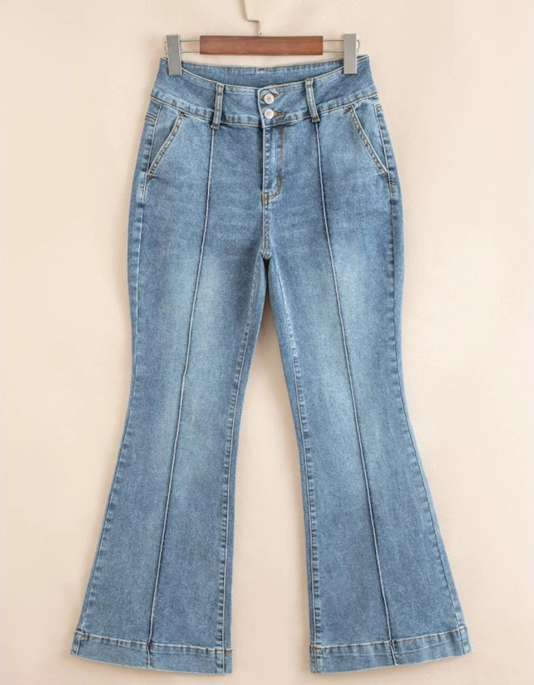 Dusk Blue 2 Button High Waist Piping Trim Bootcut Jeans