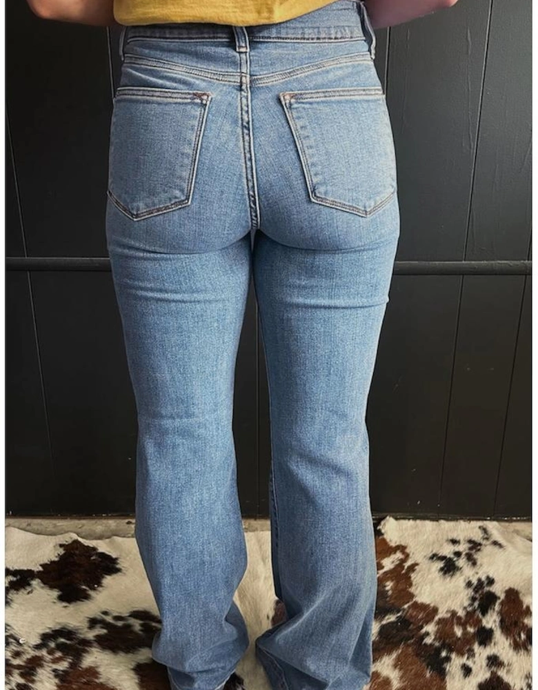 Dusk Blue 2 Button High Waist Piping Trim Bootcut Jeans