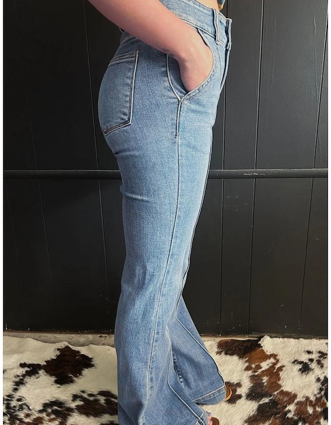 Dusk Blue 2 Button High Waist Piping Trim Bootcut Jeans