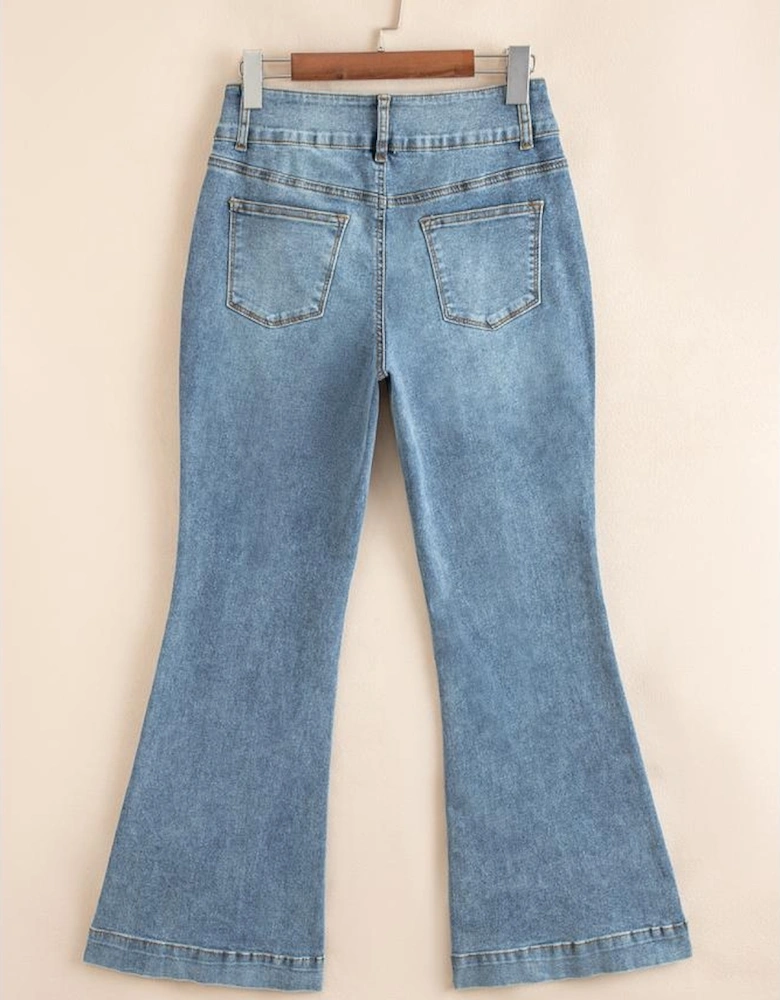 Dusk Blue 2 Button High Waist Piping Trim Bootcut Jeans