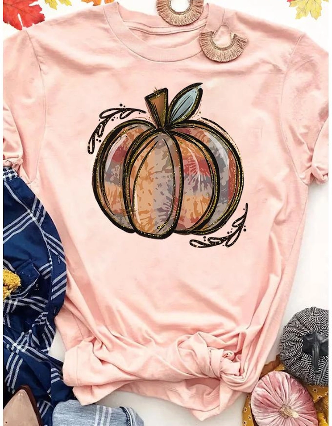Azura Exchange Pumpkin Graphic Print Crew Neck T-Shirt