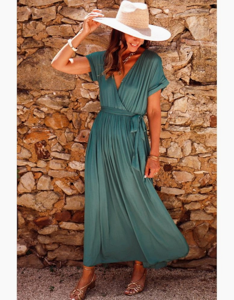 Blackish Green Solid Color V Neck Wrap Pleated Short Sleeve Maxi Dress
