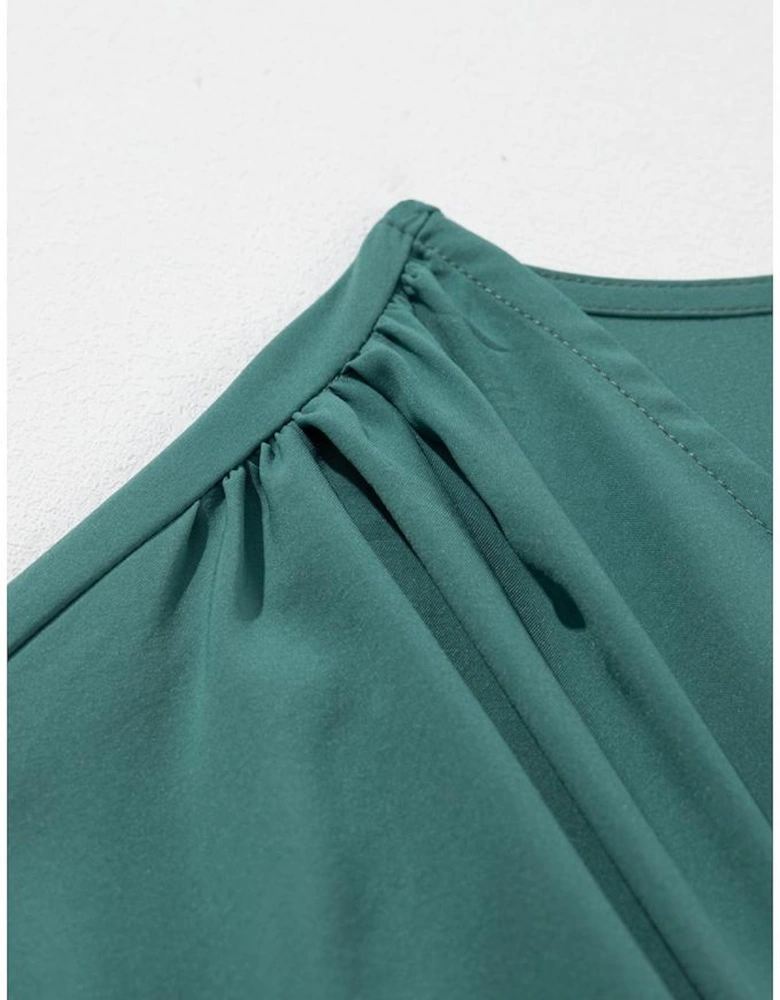 Blackish Green Solid Color V Neck Wrap Pleated Short Sleeve Maxi Dress