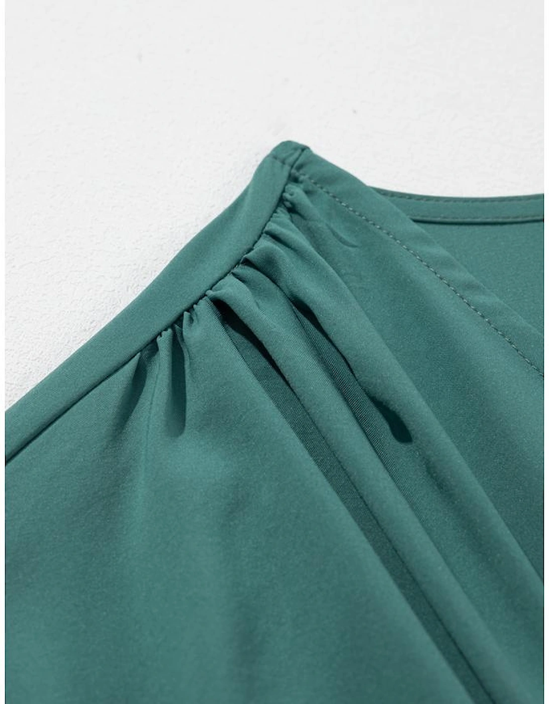 Blackish Green Solid Color V Neck Wrap Pleated Short Sleeve Maxi Dress