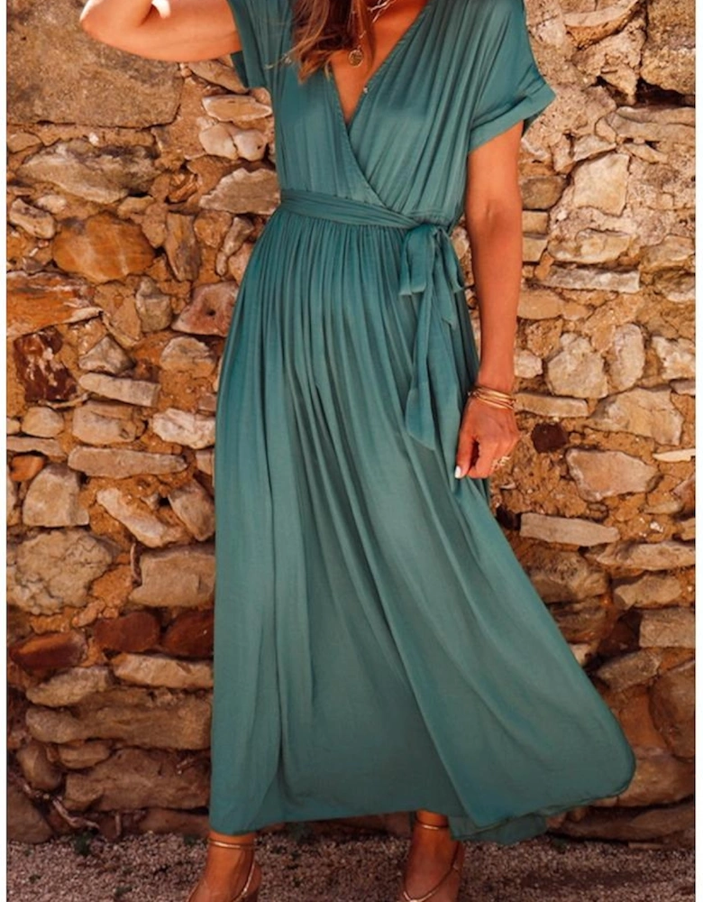 Blackish Green Solid Color V Neck Wrap Pleated Short Sleeve Maxi Dress
