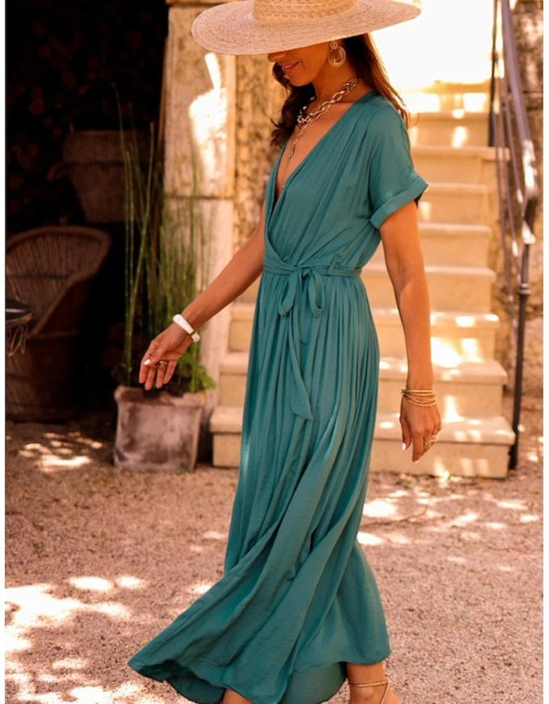 Blackish Green Solid Color V Neck Wrap Pleated Short Sleeve Maxi Dress