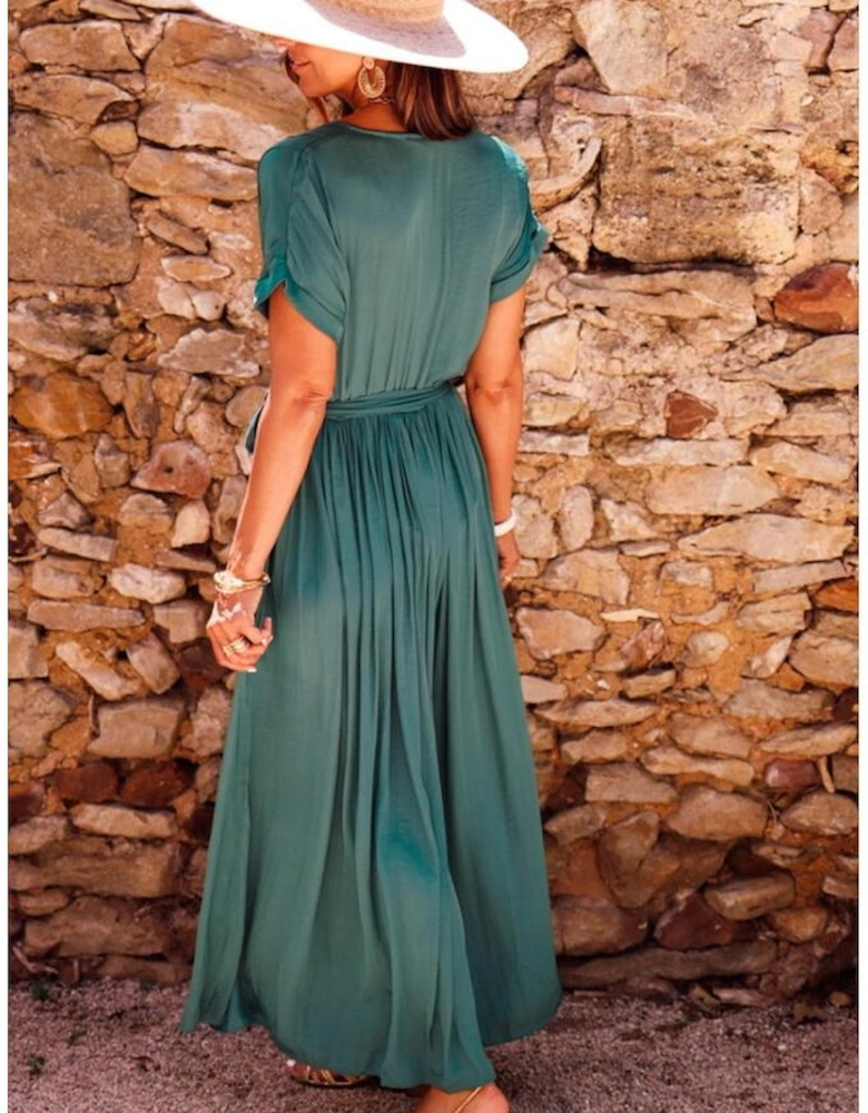 Blackish Green Solid Color V Neck Wrap Pleated Short Sleeve Maxi Dress