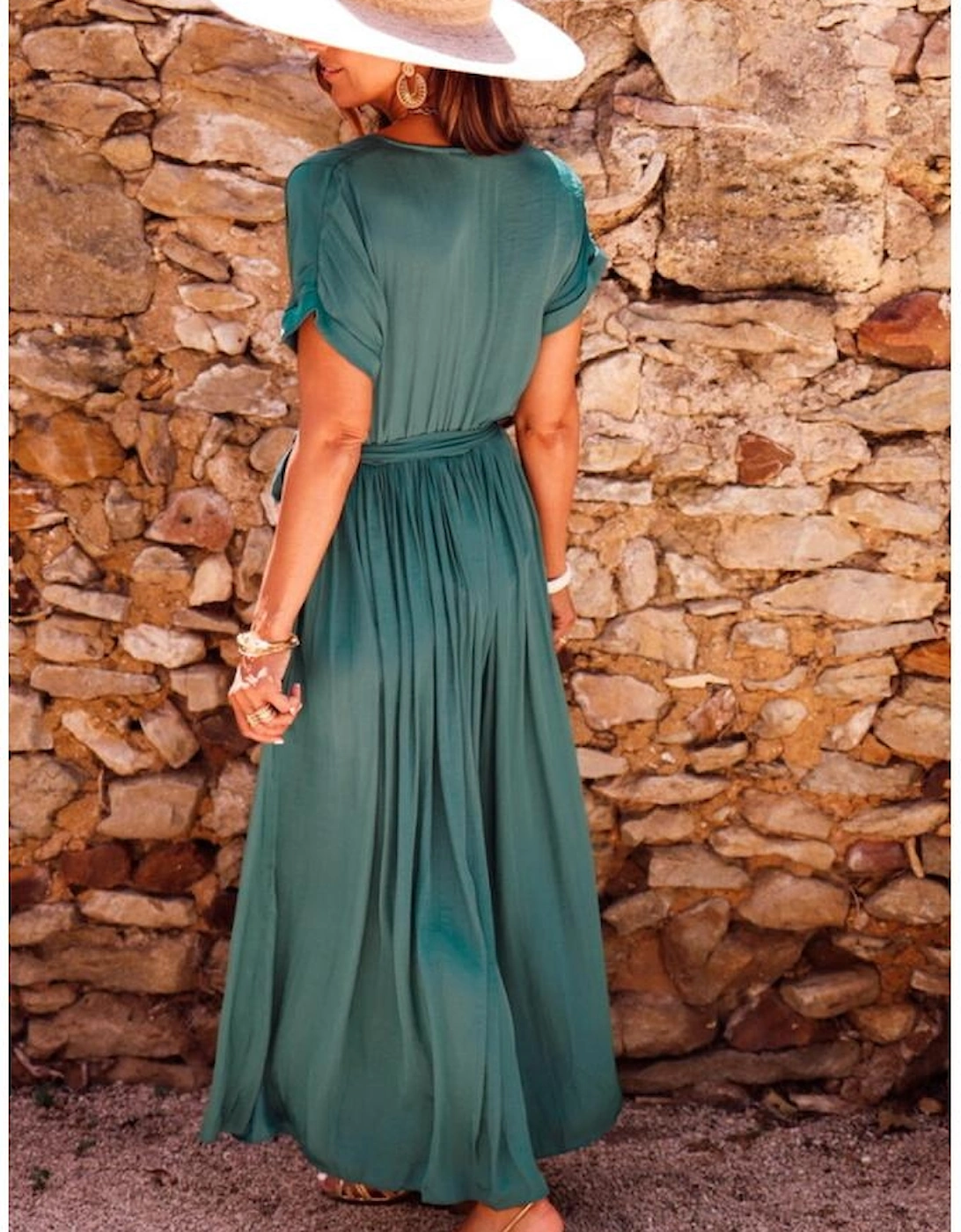 Blackish Green Solid Color V Neck Wrap Pleated Short Sleeve Maxi Dress