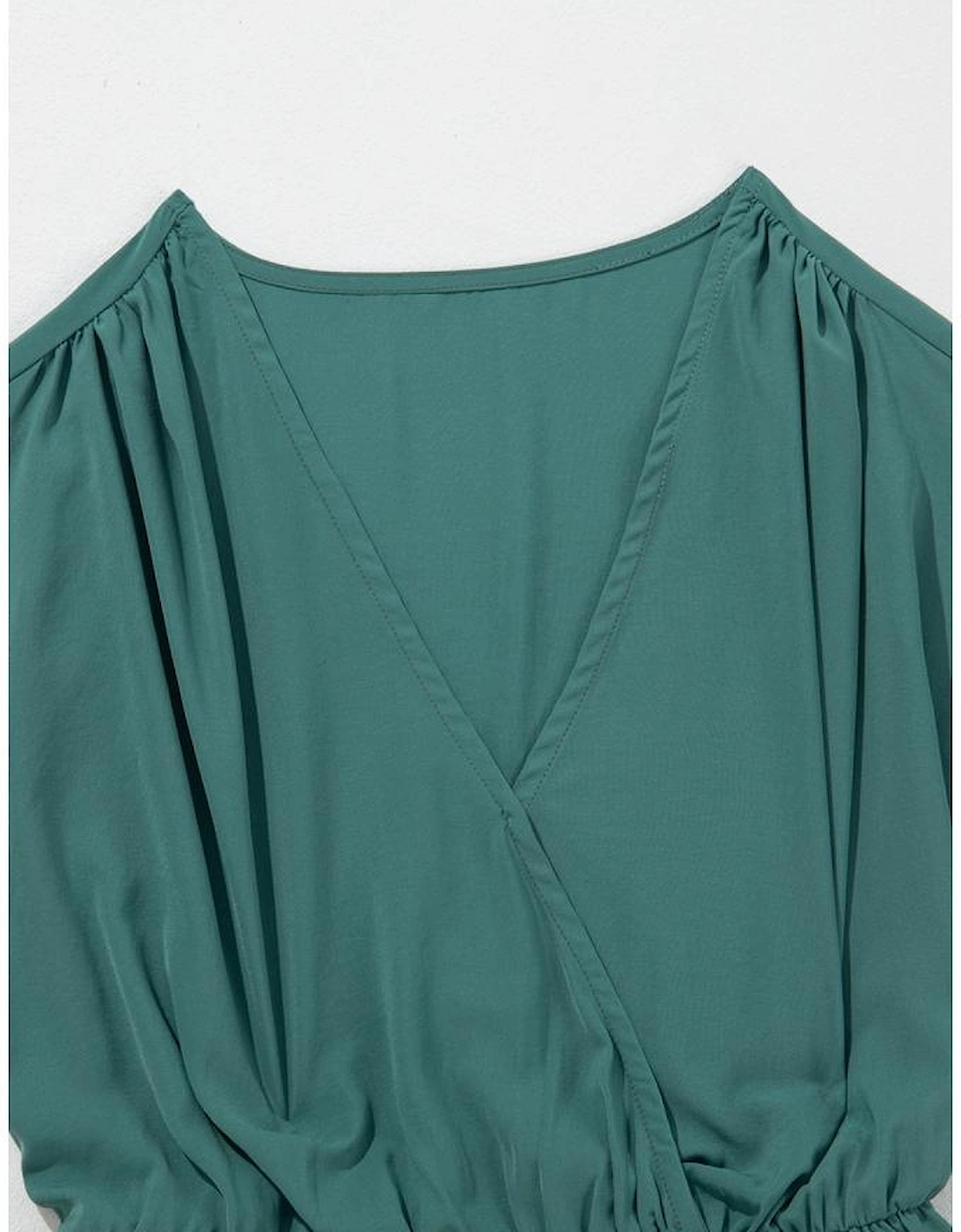 Blackish Green Solid Color V Neck Wrap Pleated Short Sleeve Maxi Dress