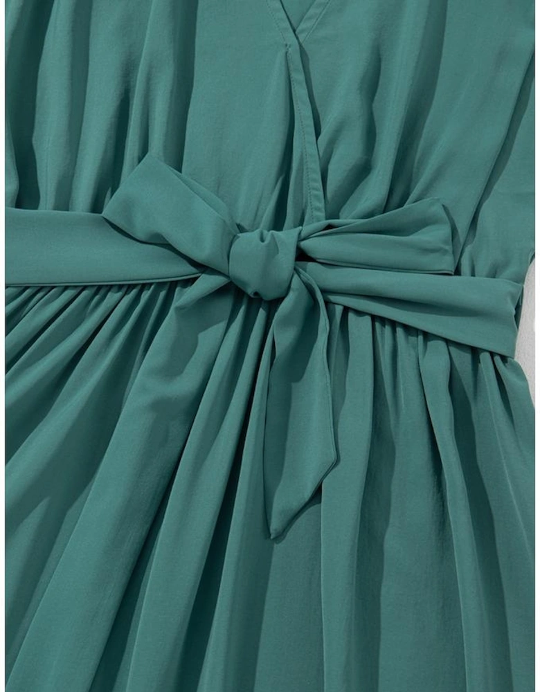 Blackish Green Solid Color V Neck Wrap Pleated Short Sleeve Maxi Dress