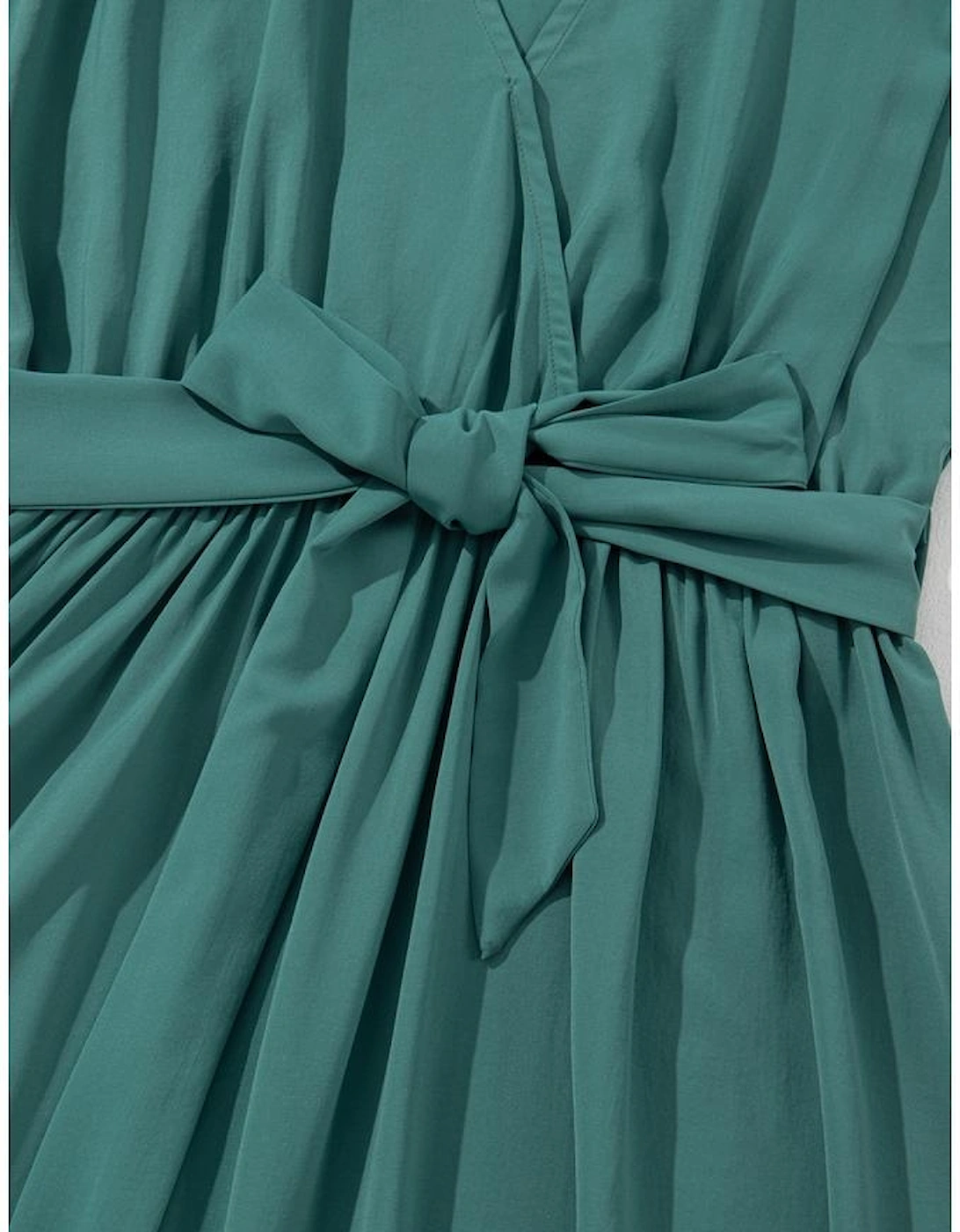 Blackish Green Solid Color V Neck Wrap Pleated Short Sleeve Maxi Dress