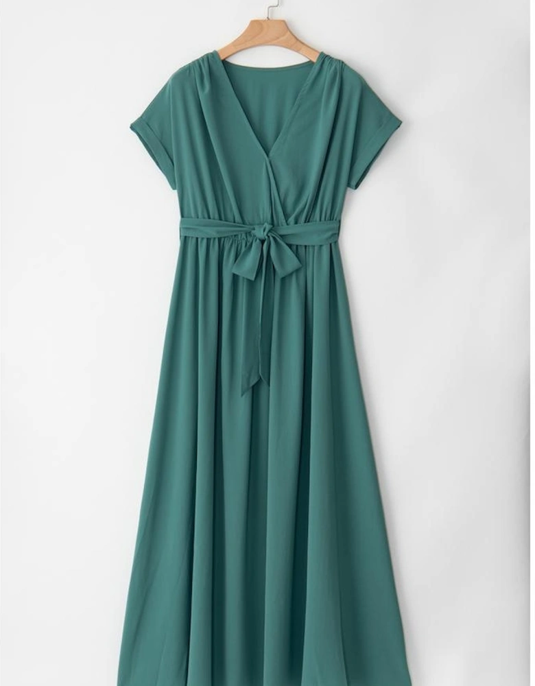 Blackish Green Solid Color V Neck Wrap Pleated Short Sleeve Maxi Dress