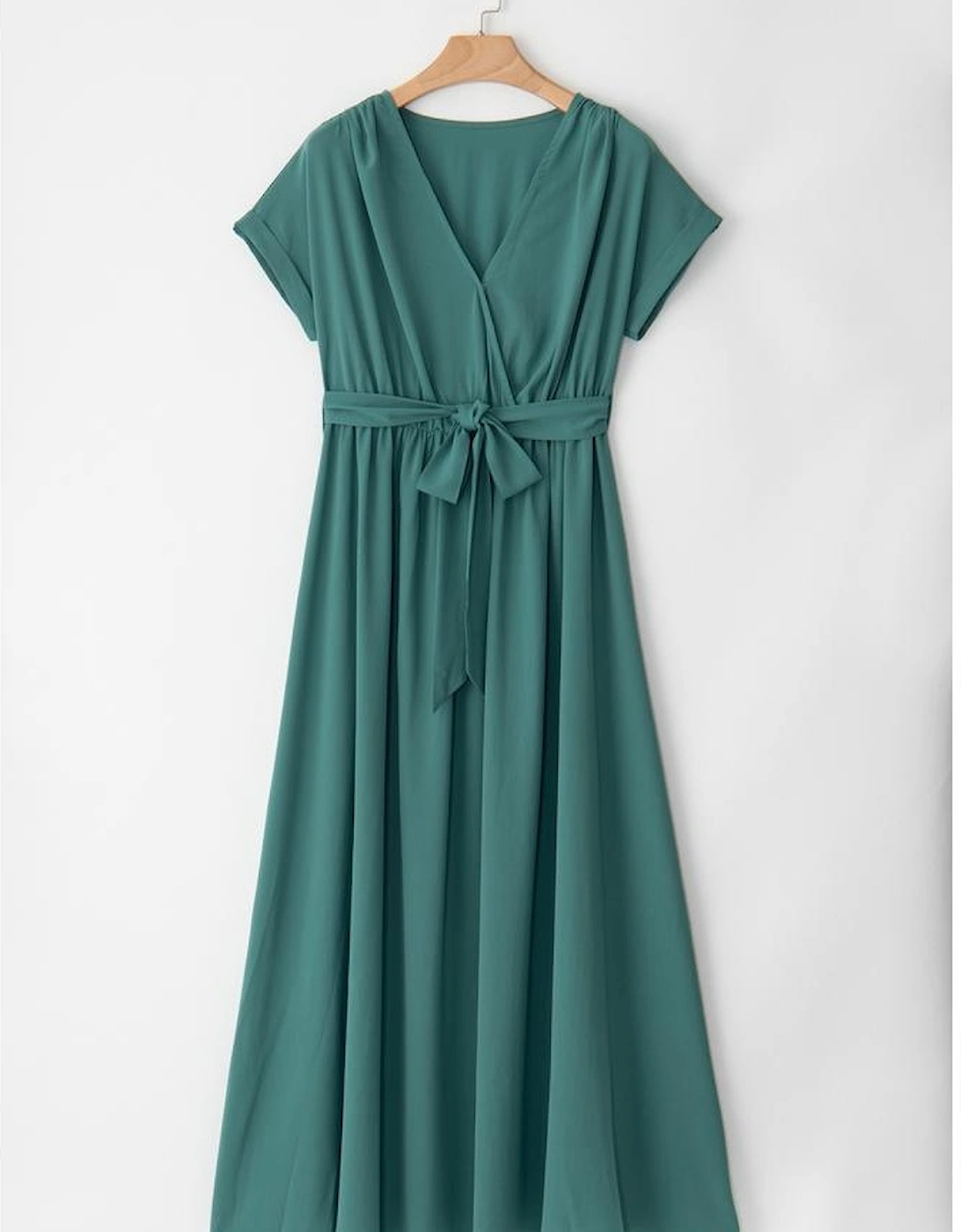Blackish Green Solid Color V Neck Wrap Pleated Short Sleeve Maxi Dress