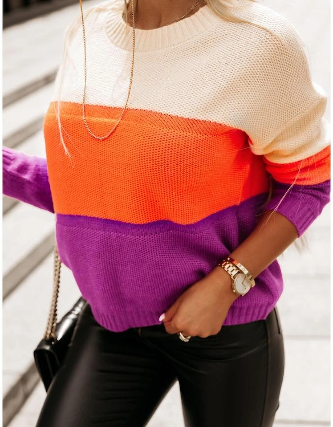 Multicolor Color Block Drop Shoulder Round Neck Knit Sweater