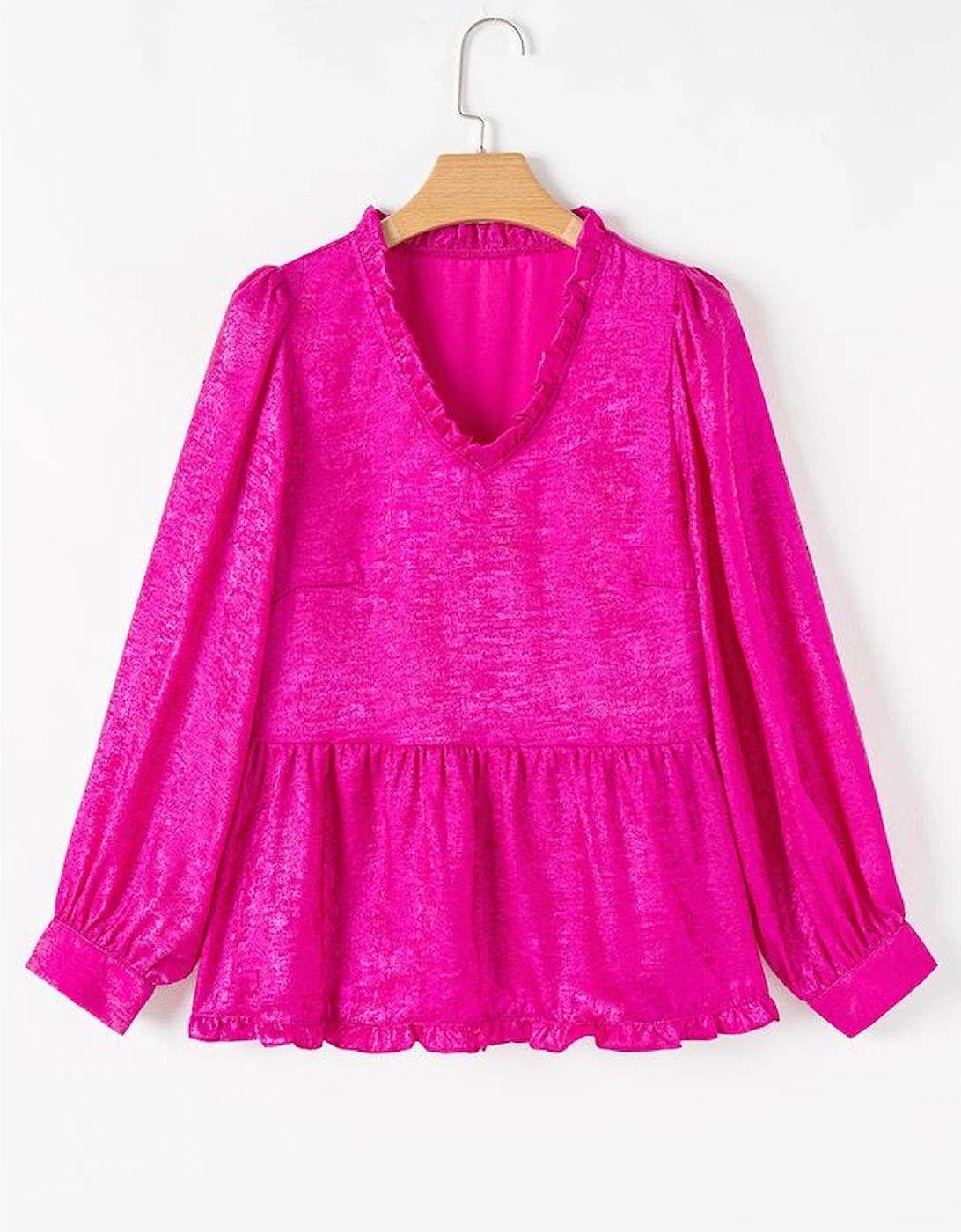 Rose Red Metallic Frilled V Neck Puff Sleeve Babydoll Blouse
