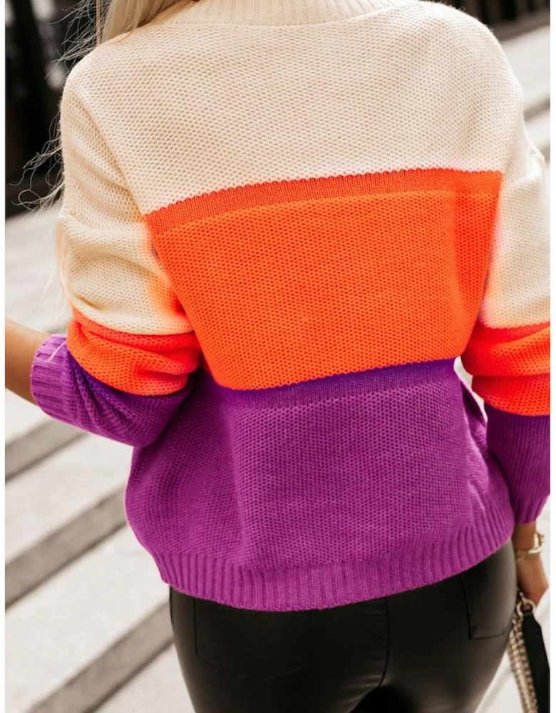 Multicolor Color Block Drop Shoulder Round Neck Knit Sweater