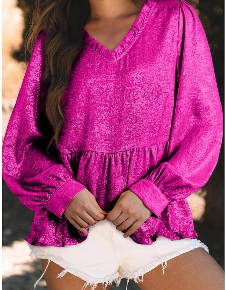 Rose Red Metallic Frilled V Neck Puff Sleeve Babydoll Blouse