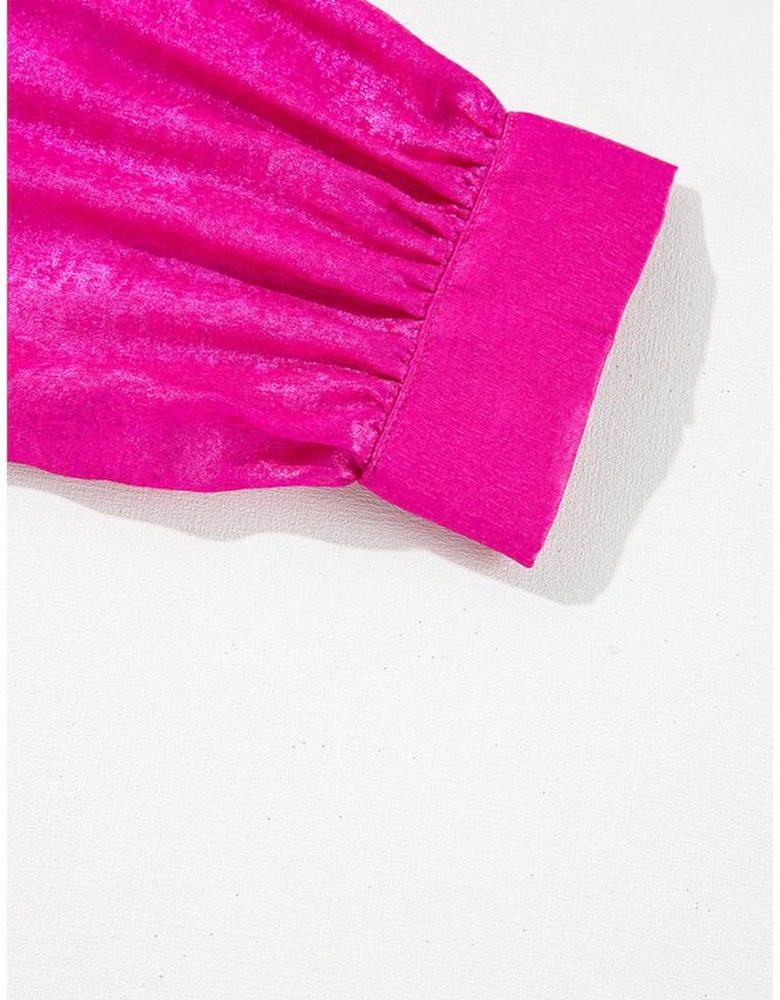 Rose Red Metallic Frilled V Neck Puff Sleeve Babydoll Blouse