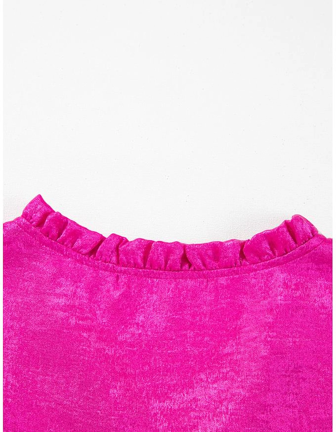 Rose Red Metallic Frilled V Neck Puff Sleeve Babydoll Blouse