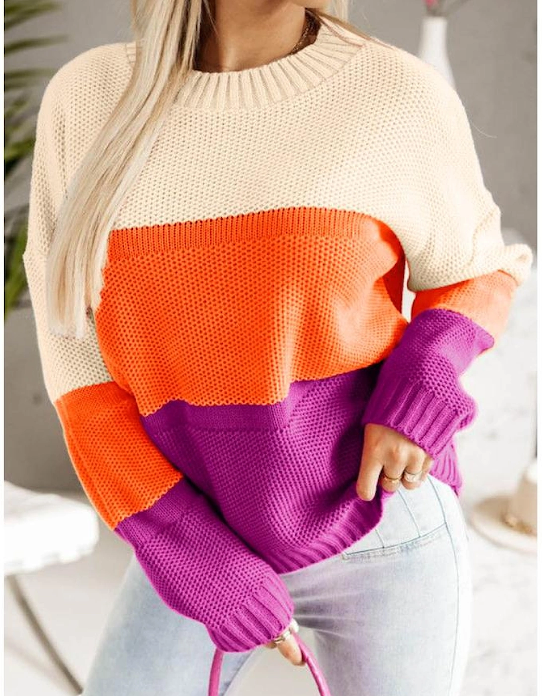 Multicolor Color Block Drop Shoulder Round Neck Knit Sweater