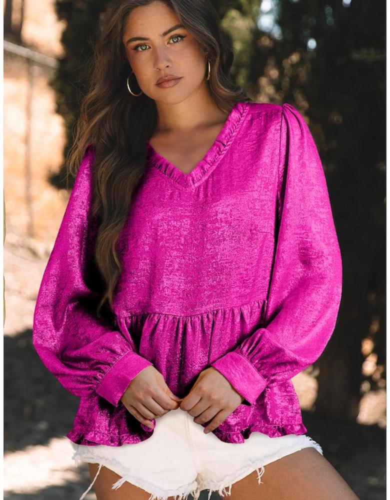 Rose Red Metallic Frilled V Neck Puff Sleeve Babydoll Blouse