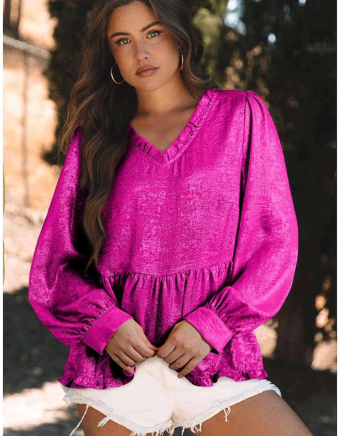 Rose Red Metallic Frilled V Neck Puff Sleeve Babydoll Blouse