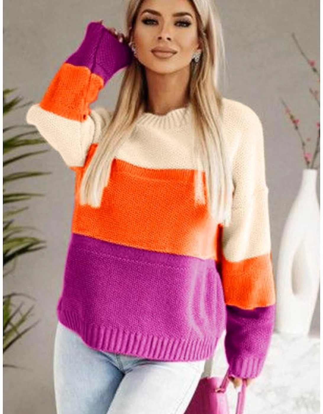Multicolor Color Block Drop Shoulder Round Neck Knit Sweater