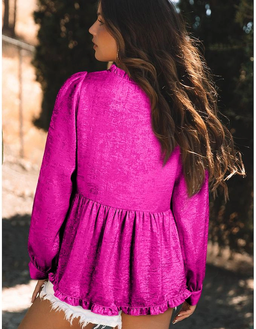 Rose Red Metallic Frilled V Neck Puff Sleeve Babydoll Blouse