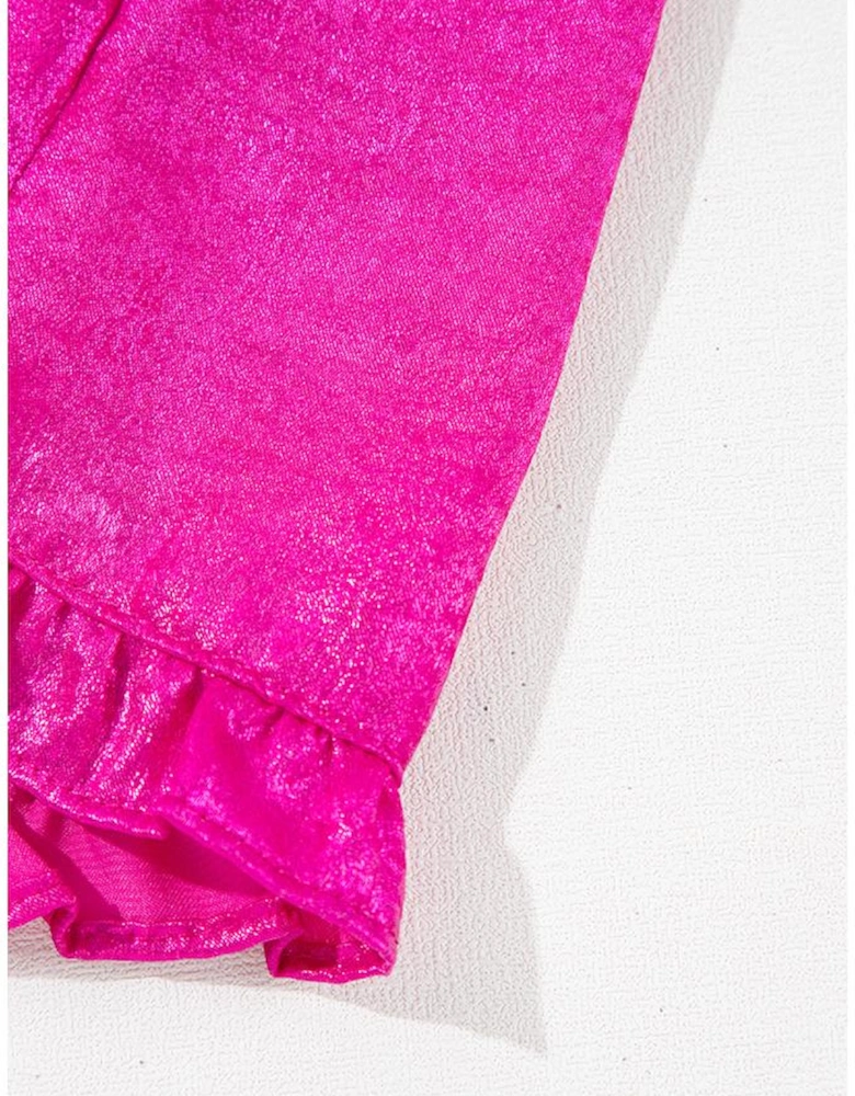 Rose Red Metallic Frilled V Neck Puff Sleeve Babydoll Blouse