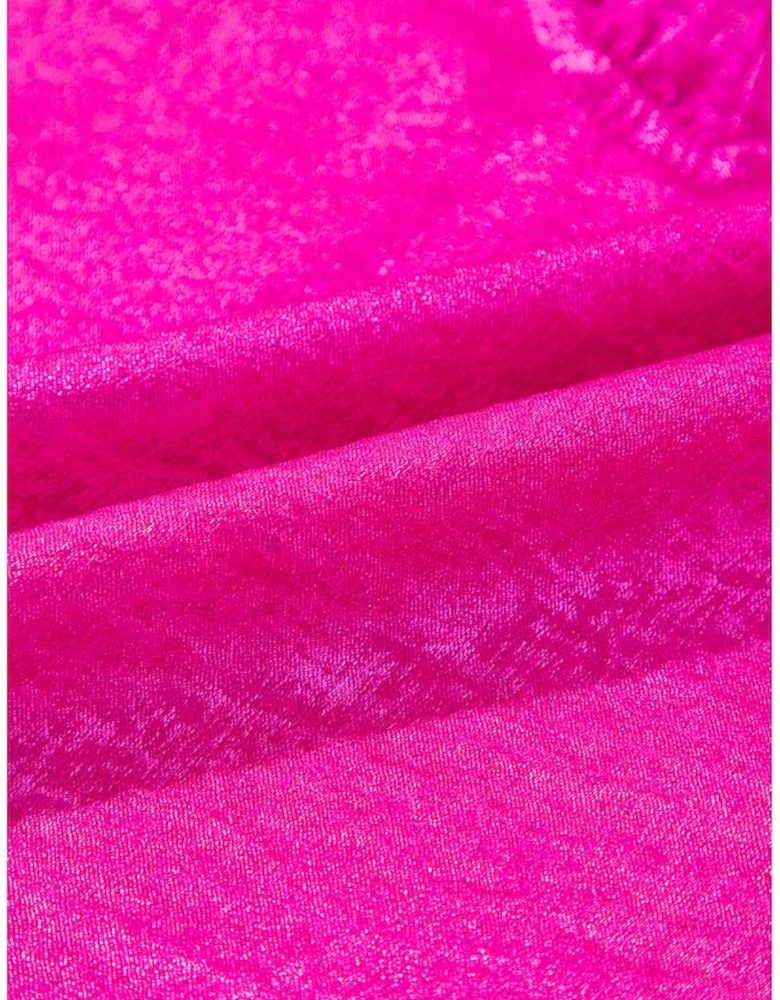 Rose Red Metallic Frilled V Neck Puff Sleeve Babydoll Blouse