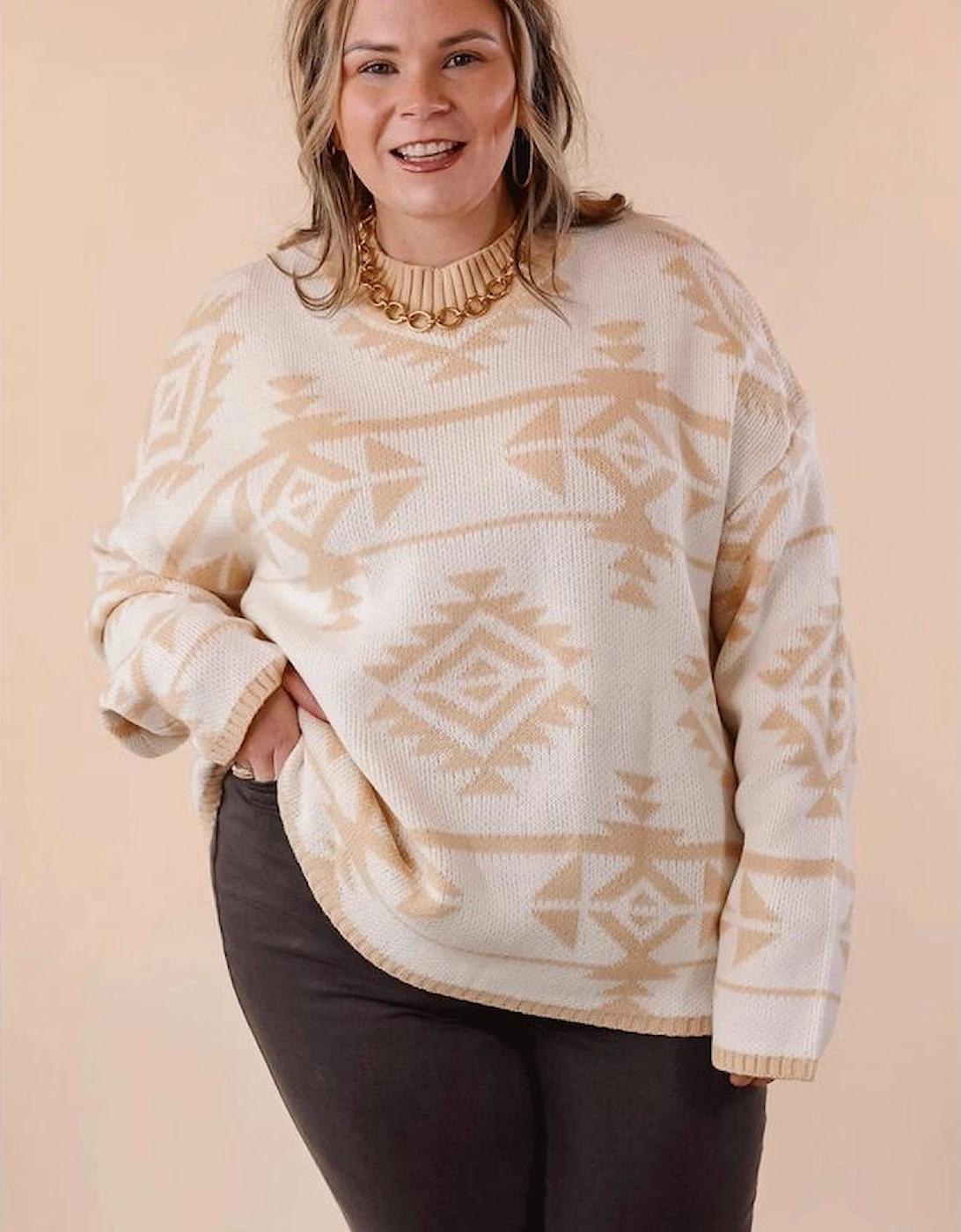 Apricot Plus Size Western Aztec Print Loose Sweater, 15 of 14