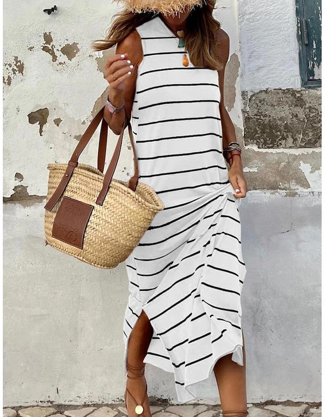 White Stripe Print Open Back Sleeveless Maxi Dress with Slits, 6 of 5