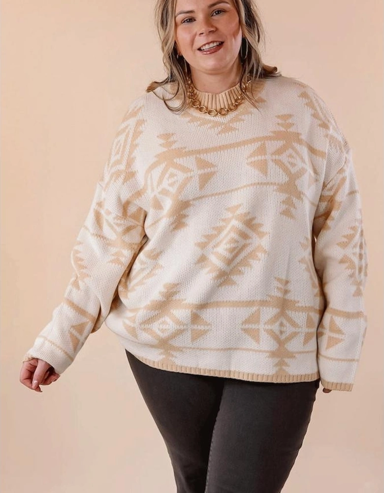 Apricot Plus Size Western Aztec Print Loose Sweater