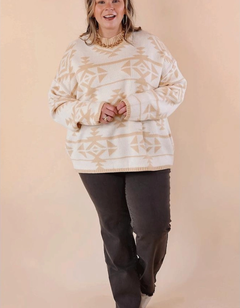 Apricot Plus Size Western Aztec Print Loose Sweater