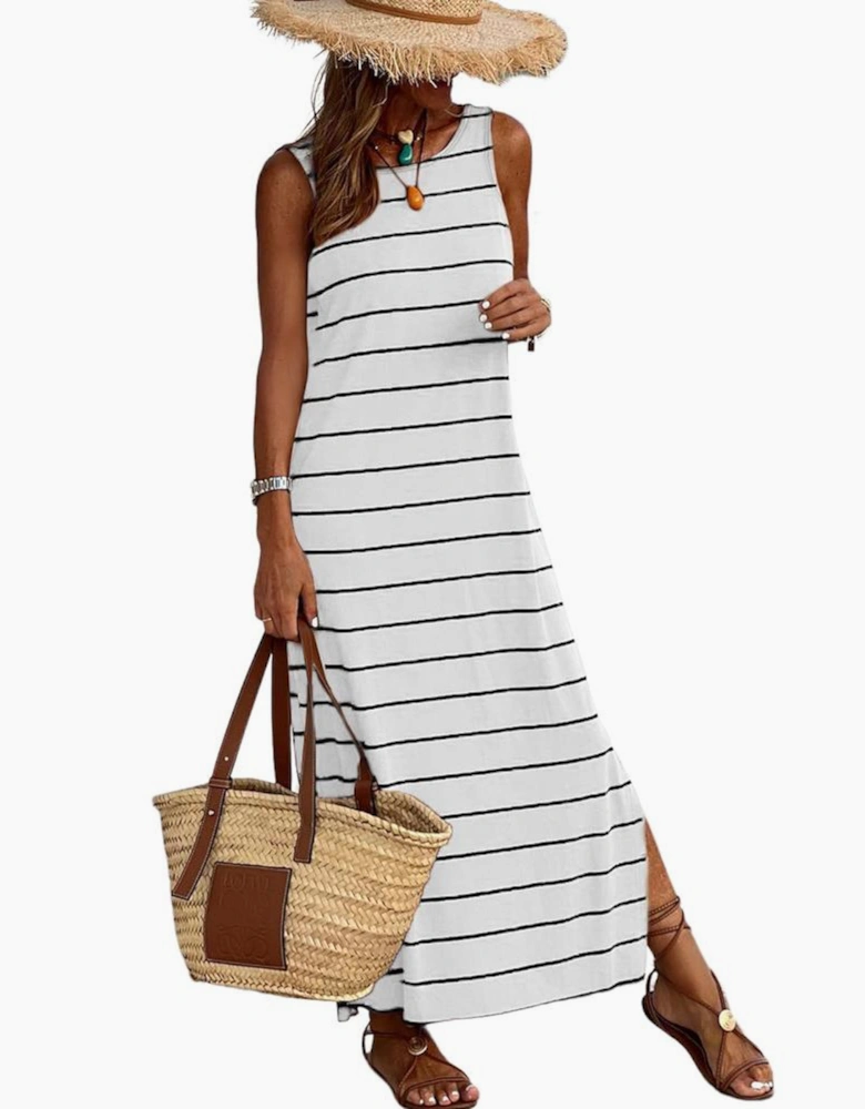 White Stripe Print Open Back Sleeveless Maxi Dress with Slits
