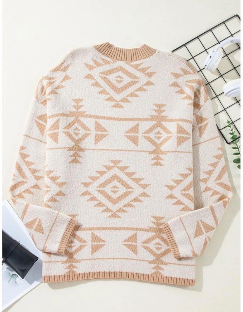 Apricot Plus Size Western Aztec Print Loose Sweater