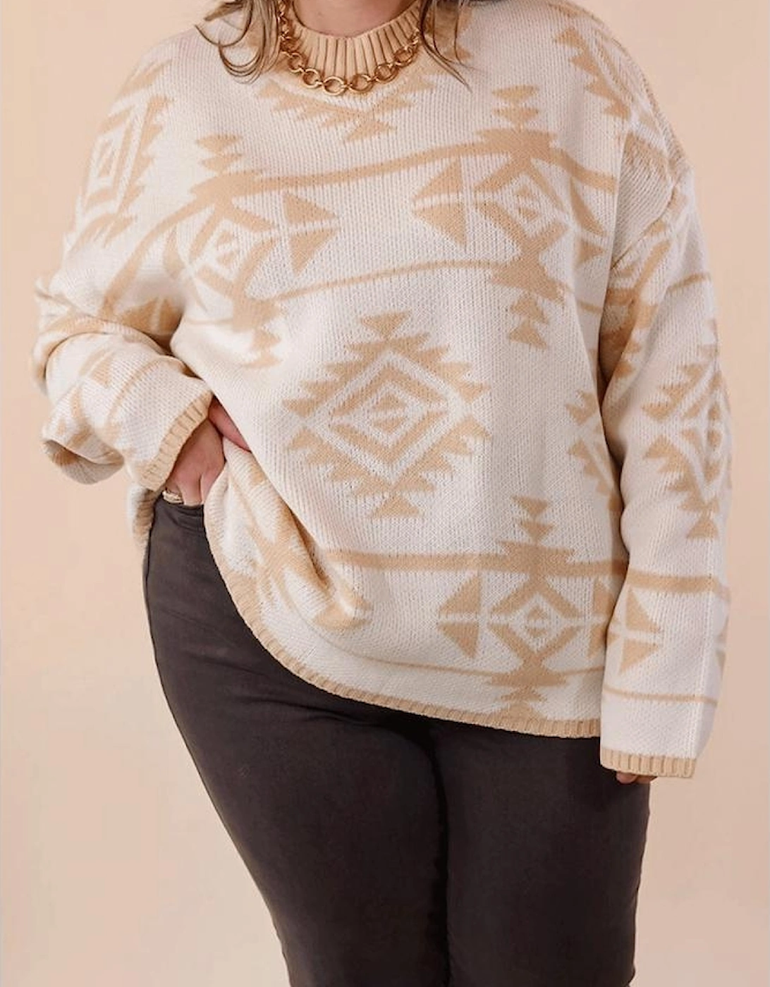 Apricot Plus Size Western Aztec Print Loose Sweater