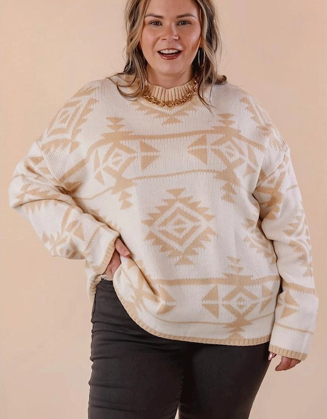 Apricot Plus Size Western Aztec Print Loose Sweater