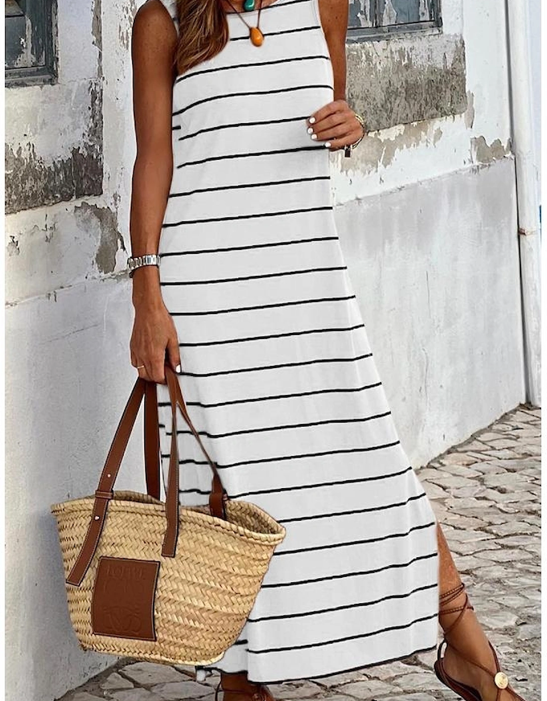 White Stripe Print Open Back Sleeveless Maxi Dress with Slits