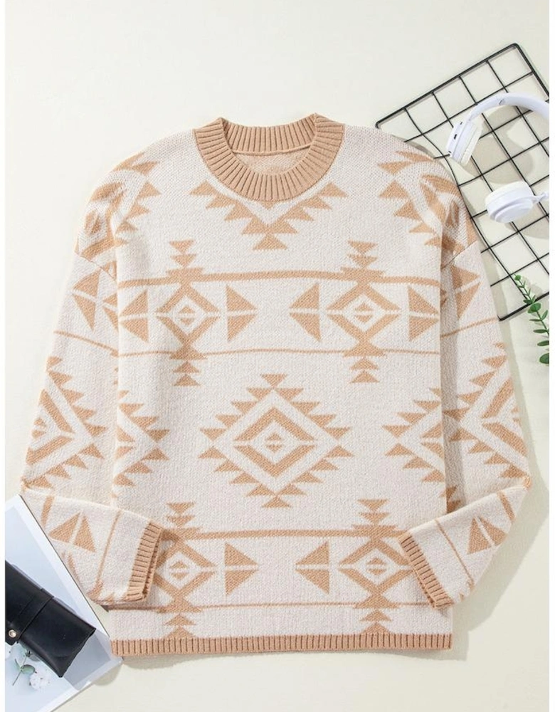 Apricot Plus Size Western Aztec Print Loose Sweater
