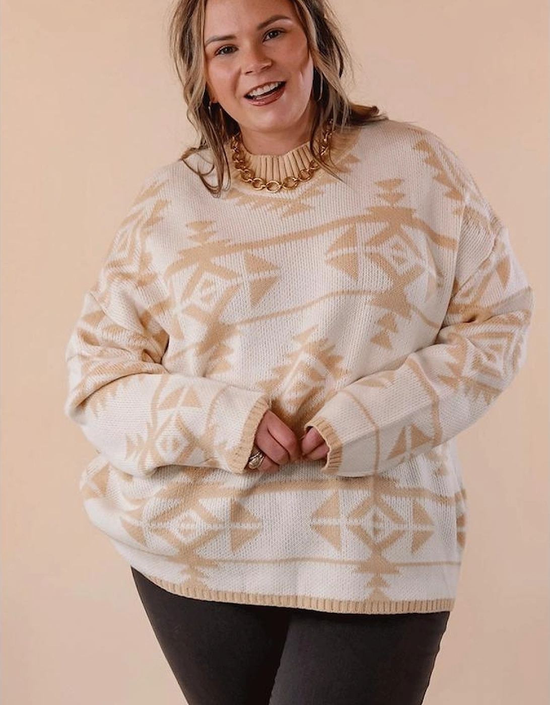 Apricot Plus Size Western Aztec Print Loose Sweater