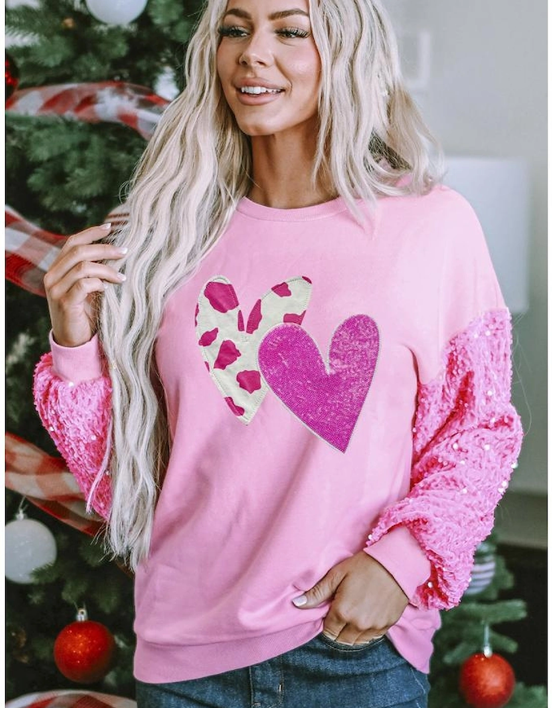 Pink Valentines Heart Graphic Sequin Patchwork Long Sleeve Top, 6 of 5