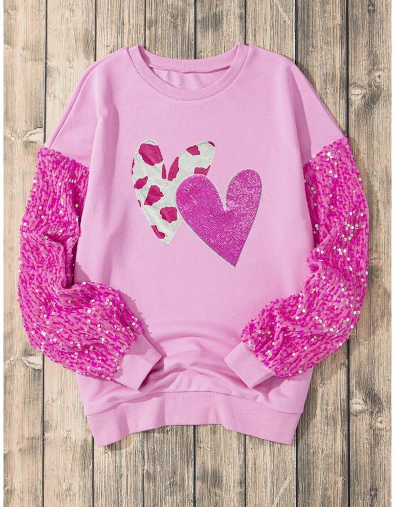 Pink Valentines Heart Graphic Sequin Patchwork Long Sleeve Top
