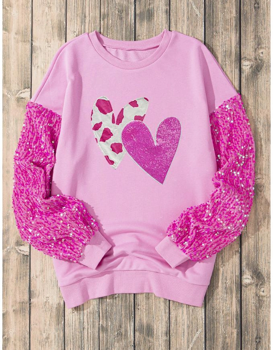 Pink Valentines Heart Graphic Sequin Patchwork Long Sleeve Top
