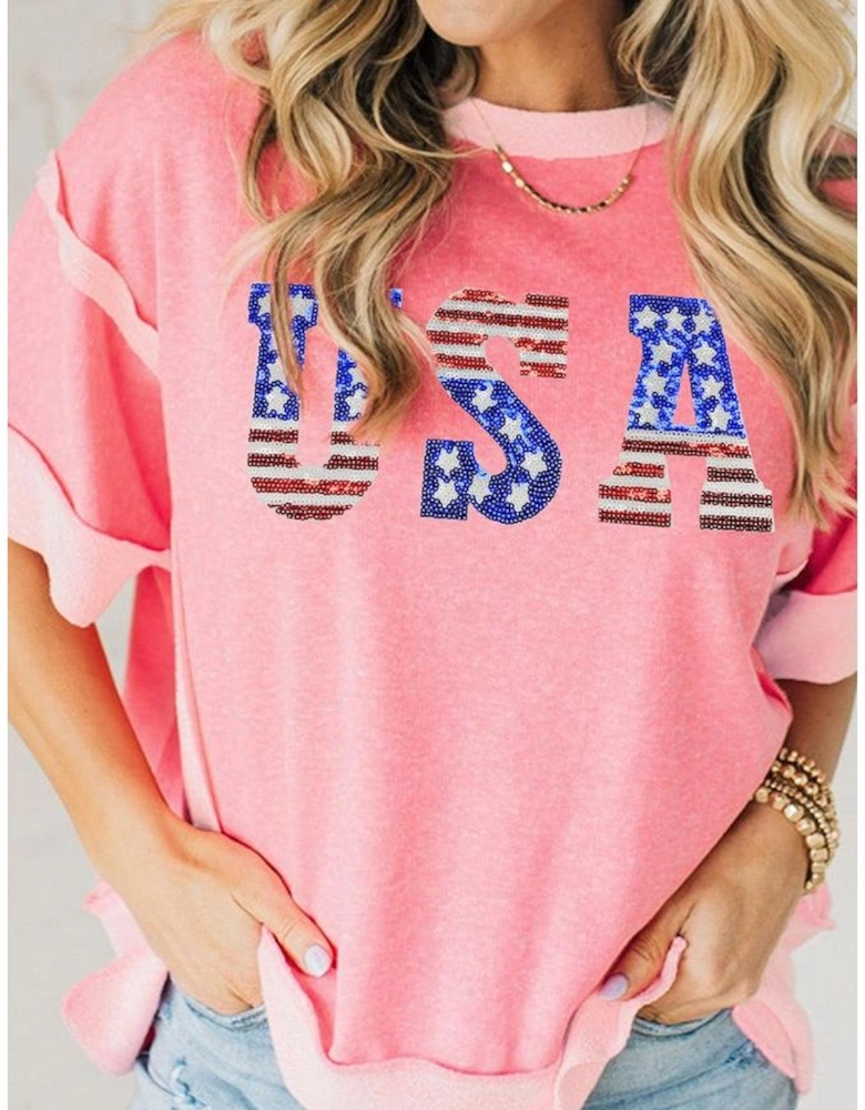 Peach Blossom USA Color Block High Low Crew Neck T Shirt